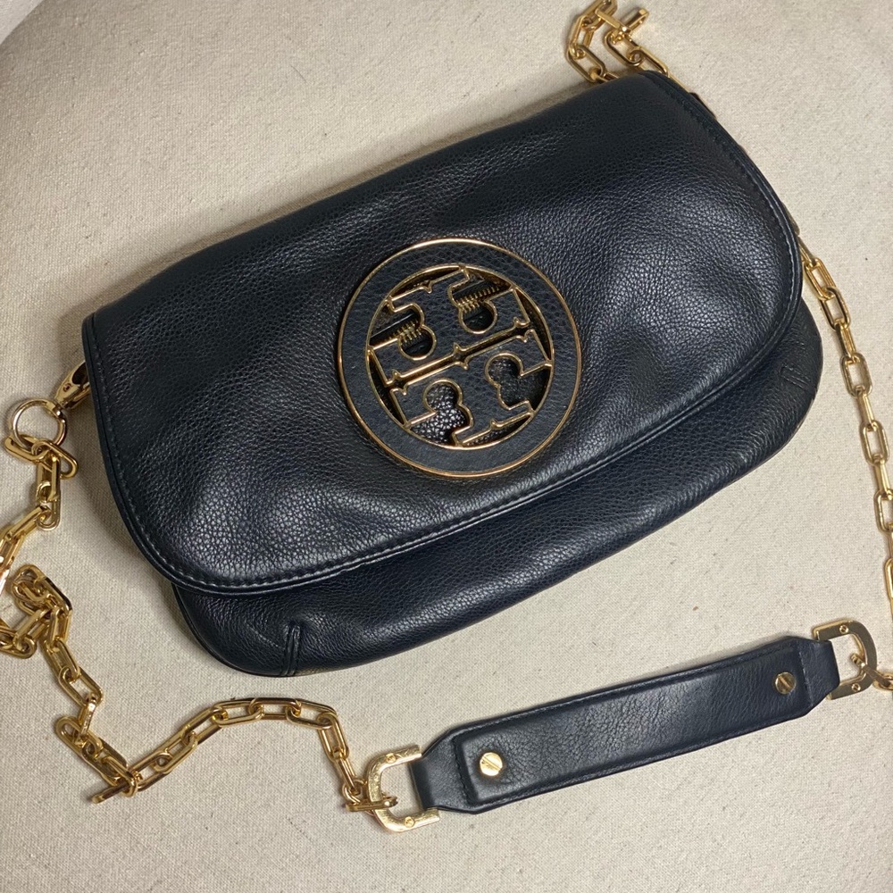 Tory Burch black leather cross body bag with gold logo